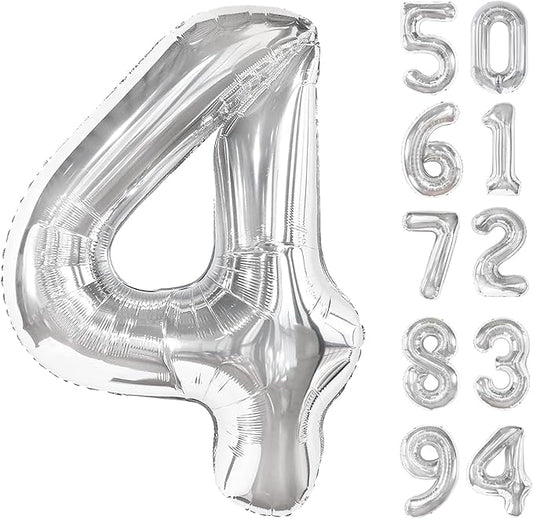 Silver 4 Balloon, Number Balloons 40 Inch, 4th Silver Party Decorations, Four Large Numbers for Party Decor, Number 4 Balloon