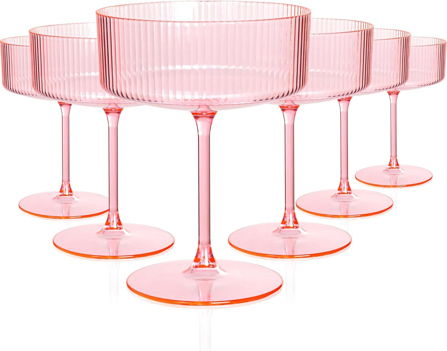 Ciaell 12PCS Plastic Ribbed Martini Glasses - 10 Oz Pink Disposable Coupe Glasses with Stem - Heavy Duty Margarita Cups for Bars, Cocktails, Whiskey, Parties & Wedding