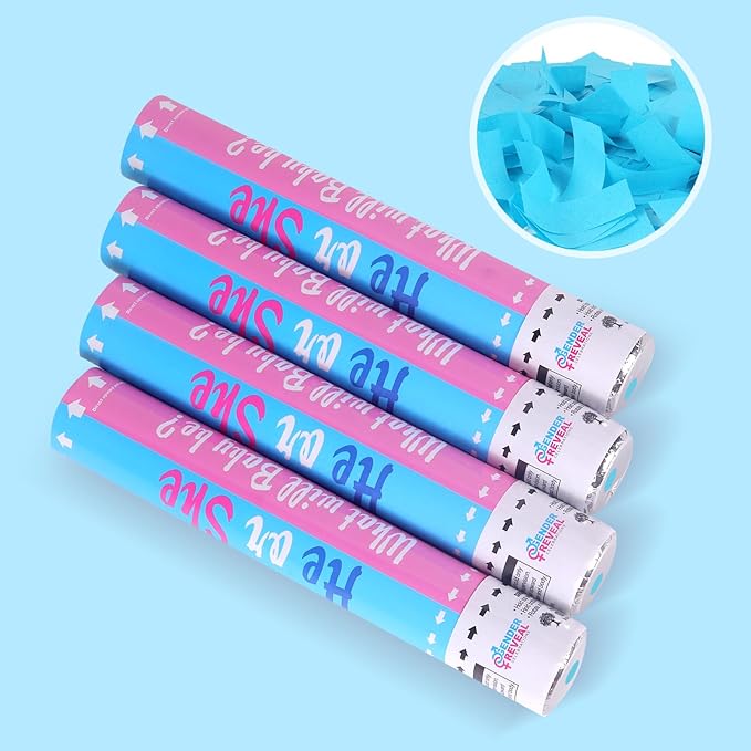 Gender Reveal Confetti Cannons - Set of 4 Blue Party Poppers for Stunning Gender Reveal Announcements, Perfect for Baby Showers and Celebrations(Non-Powder)