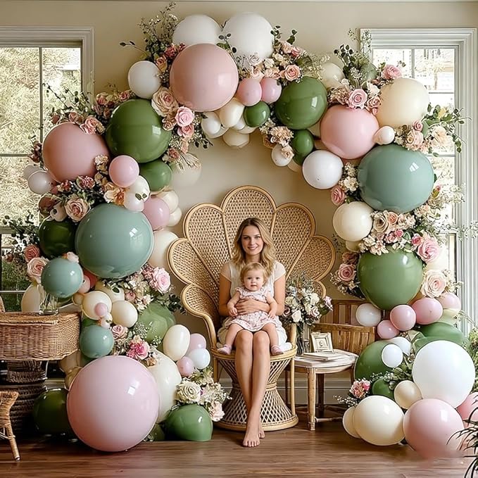 Sage Green Pink Balloon Garland Double Stuffed Dusty Pink Green White Sand Balloons Rose Cream Balloon Arch Kit for Birthday Baby Shower Gender Reveal Wedding Wild Flower Easter Party Decorations