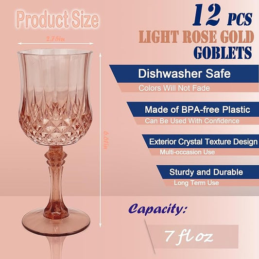 12 PCS Rose Gold Plastic Wine Glasses，Cordial Glasses，Goblets，Can be Used for Weddings, Everyday Fun Parties and More!