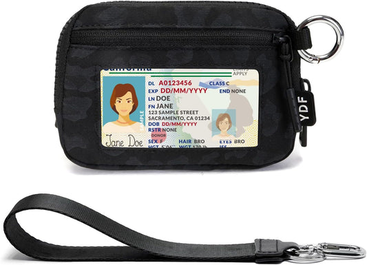 Keychain Wallet for Women Mini Zip Card Holder with ID Window Coin Purse Detachable Wristlet Small Wallets Black Leopard