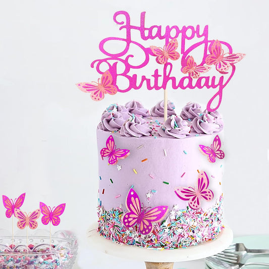 13-Piece Butterfly Cake Toppers - 3D Cupcake Toppers for Girls & Women's Birthdays (Bright Purple)