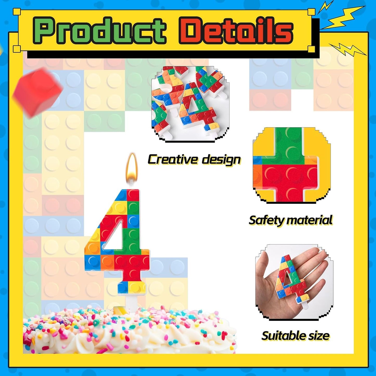Building Block Themed Birthday Candle Number 4 Candle Birthday Party Decoration Cake Topper for Building Block Party Decoration Theme Parties Supplies (Number 4)
