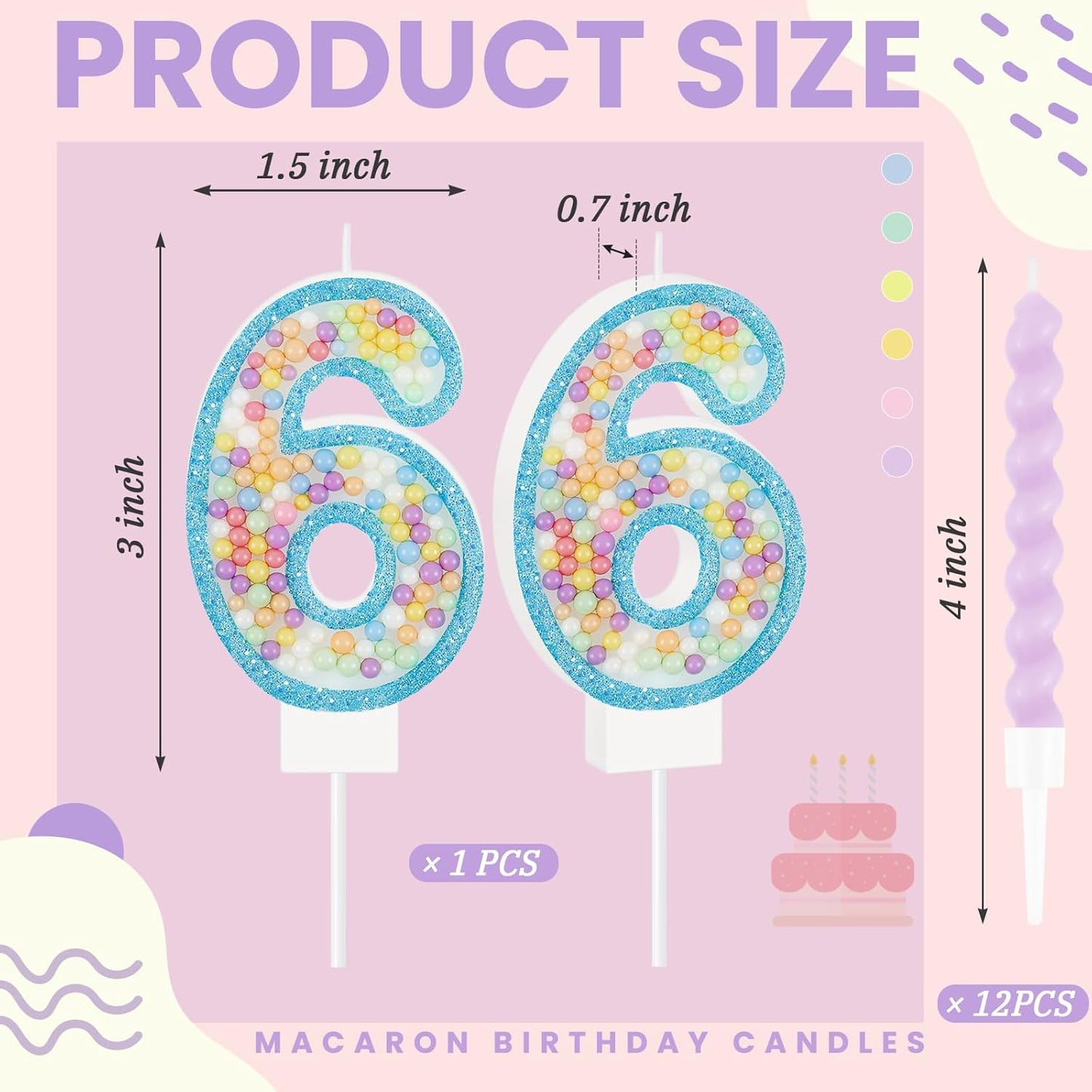 MTLEE Birthday Candle Macaron Glitter 3D Number Candle with 12 Pcs Rainbow Spiral Candles in Holders for Girl Boy Cake Topper Wedding Anniversary Pastel Sweet Theme Party Decoration(Blue,Number 6)