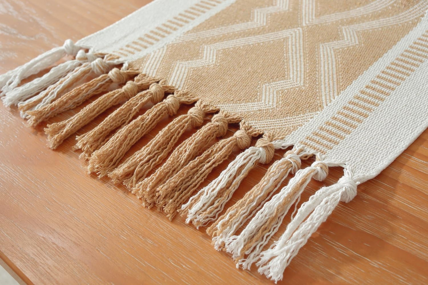 Boho Table Runner ， Natural Cotton Woven Khaki Runner，for Modern Farmhouse Decor, with Tassels for Home Dining Table Decor 14 x 72 Inch Long