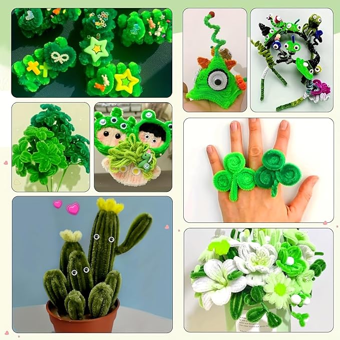 620 Pieces Green Pipe Cleaners Craft Set, 600 Pcs Chenille Stems with 20 Pcs Flower Stems, Craft Supplies Bulk for DIY Art and Craft Projects Creative Gift Wrapping Party Decorations(Green Series)