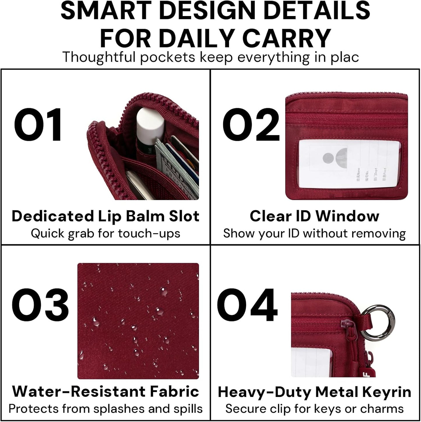 YDF Keychain Wallet for Women Mini Zip Card Holder with ID Window Coin Purse Detachable Wristlet Small Wallets Burgundy
