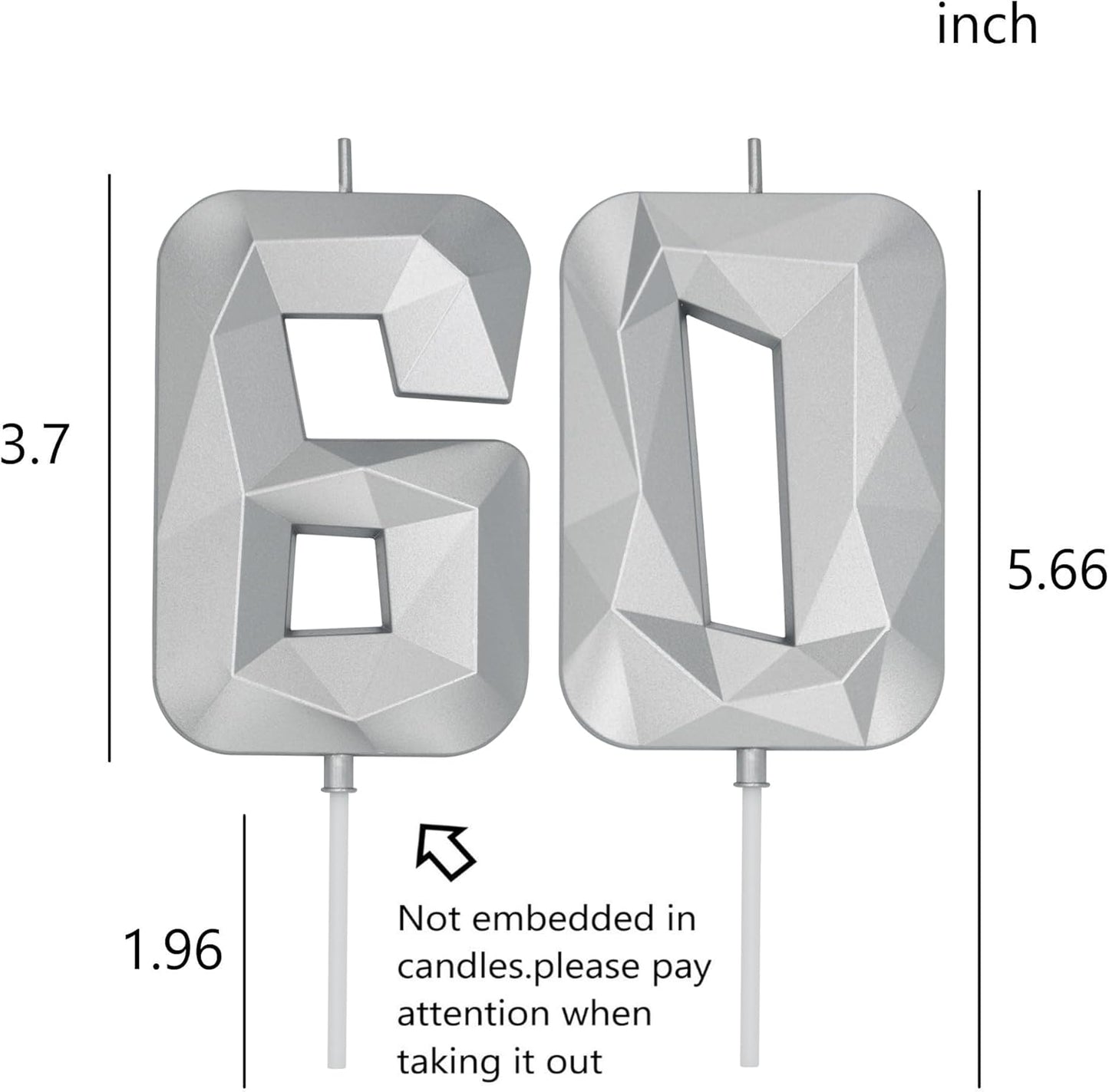 DERVENTA Birthday Candle Big Number 3D Silver 3.7 inch Party Celebration Anniversary Decoration Cake Topper 1 Piece (Number 60 Silver)