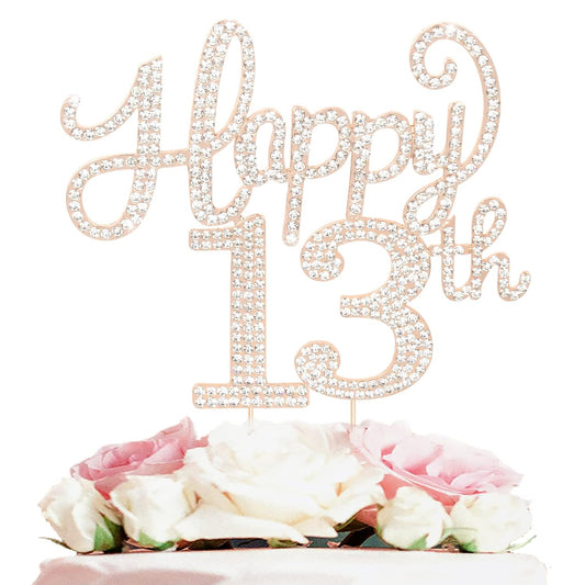 LASKYER Happy 13th Birthday Decorations,13th Birthday Gold Rhinestone Cake Topper - Cheers to Thirteen Years Old Bday Party Metal Sparkly Cake Centerpieces Sign.