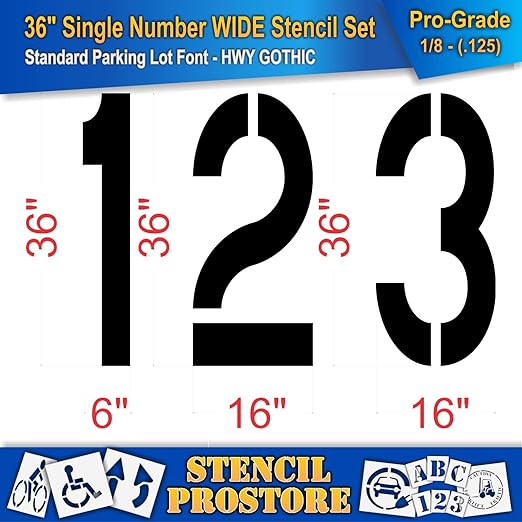 Pavement Stencils - 36 inch Number Stencil (Wide) Set (12 Pieces) -0-9 - 36" x 16" x 1/8" (128 mil) - Pro-Grade