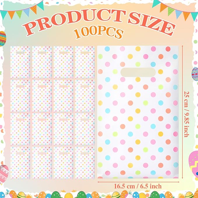 Supervitae 100 Pcs Easter Pastel Gift Bags Polka Dots Party Favor Plastic Bags Bulk with Handles for Birthdays Weddings Snacks Goodie Candy Treat Easter Party Supplies