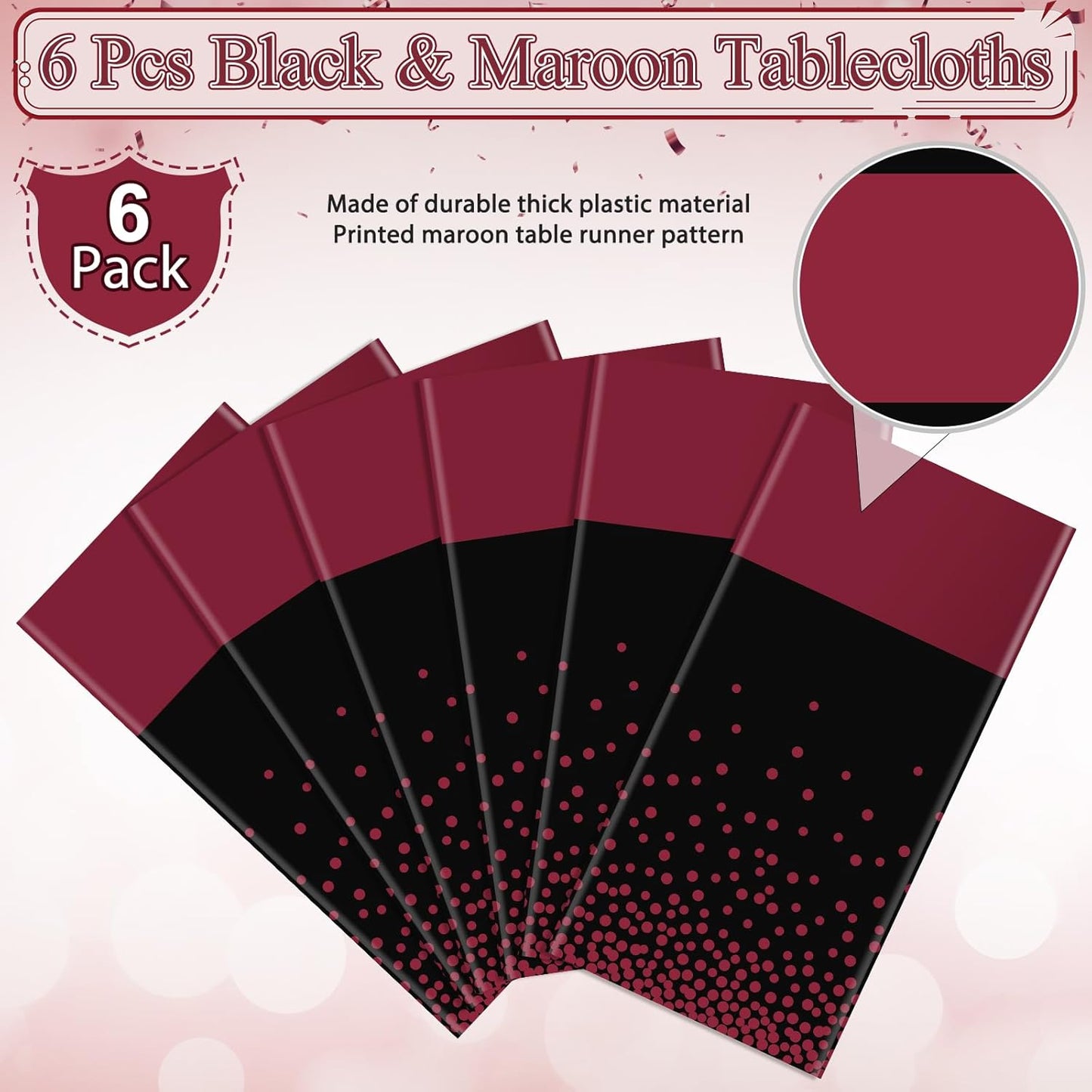MASHAN 6Pcs Black Maroon Tablecloths, Rectangular Plastic Table Covers, 54x108 Inch, Polka Dot, Stain Resistant, Party Decorations