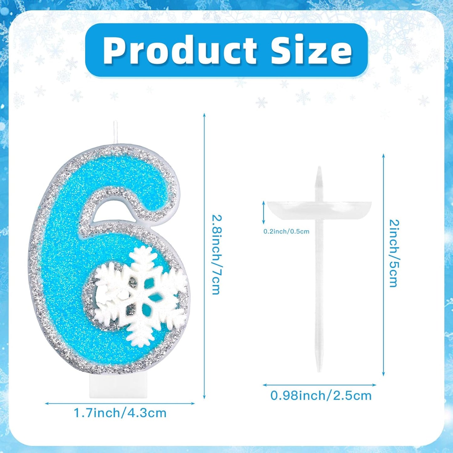 Frozen Themed Birthday Candles Party Decorations, Blue and Silver Number 6 Birthday Candle, Happy Birthday Candle for Cake, Snowflake Cake Topper Decoration for 6th 6 Year Old Party Favor Supplies