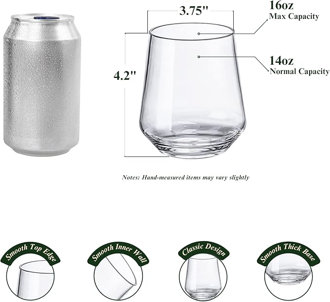 16oz Clear Stemless Wines Cups (Set of 8), Shatter-Proof Acrylic Glasses Drinkware, Reusable Plastic Bar Glasses, BPA-Free, Dishwasher-Safe