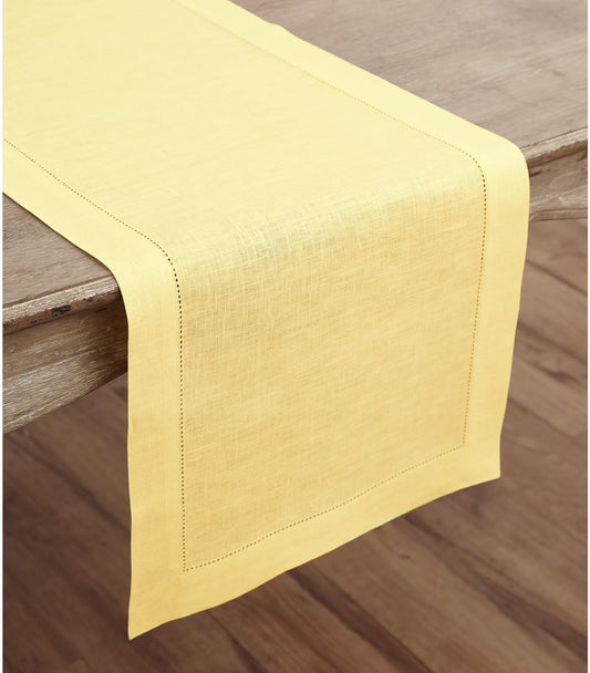 Solino Home Linen Yellow Table Runner 156 Inches Long - 100% Pure Linen Extra Long Table Runner 14 x 156 Inch - Classic Hemstitch