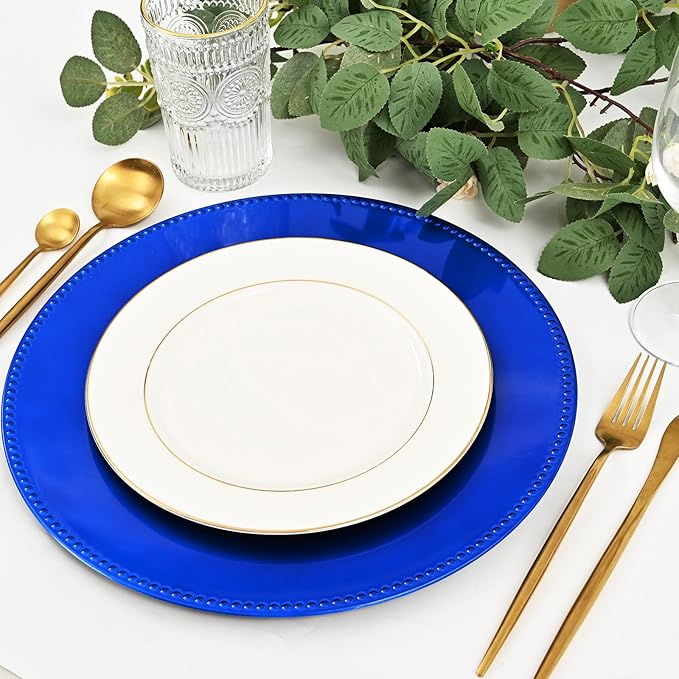 50 Royal Blue Charger Plates Bulk, 13" Round Beaded Decorative Dinner Chargers for Wedding Party, Baby Shower Event Decoration