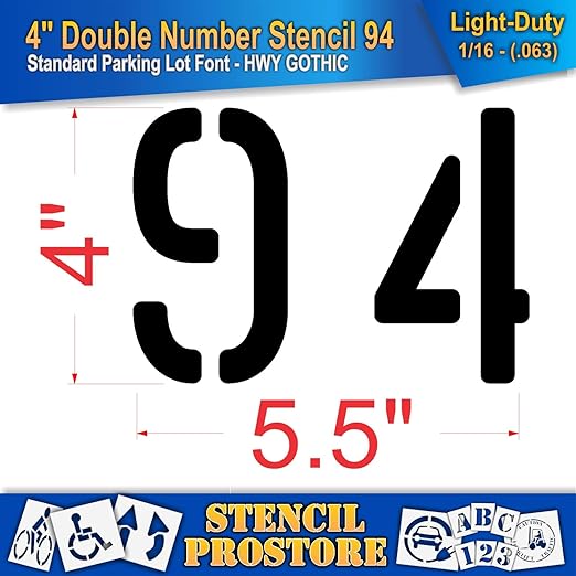 Pavement, Curb, and WheelStop Stencils - 4 inch Double Number Stencil - (94) - 4" x 5.5" x 1/16" (63 mil) - Light-Duty