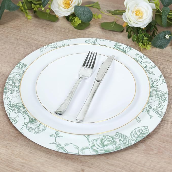 Efavormart 6 Pack Floral Acrylic Charger Plates in French Toile Pattern, White Sage Green Round Dinner Charger Event Tabletop Decor - 13"