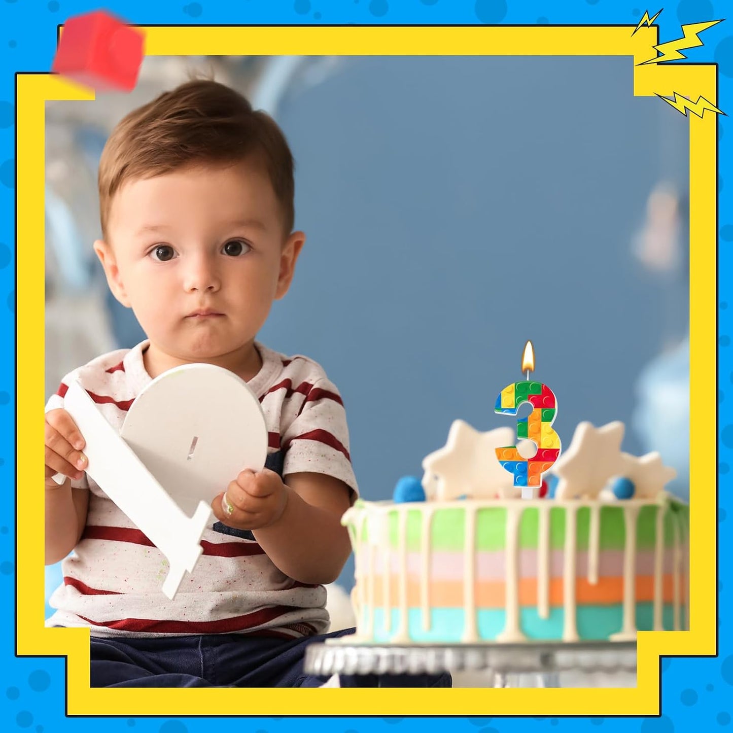 Building Block Themed Birthday Candle Number 3 Candle Birthday Party Decoration Cake Topper for Building Block Party Decoration Theme Parties Supplies (Number 3)