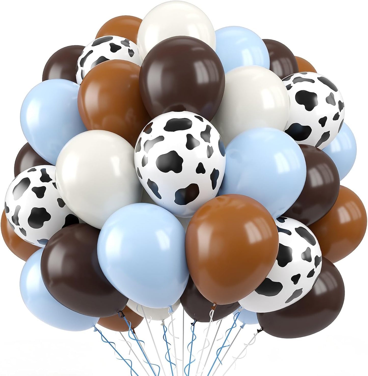 Paready Cow Print Balloons Set, 60Pcs Blue Brown Cow Balloons, 12Inch Light Blue Brown Sand White Latex Balloon for Farm Western Birthday Baby Shower Cowboy Cow Themed Birthday Party Decorations