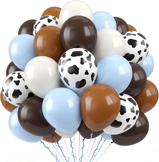 Paready Cow Print Balloons Set, 60Pcs Blue Brown Cow Balloons, 12Inch Light Blue Brown Sand White Latex Balloon for Farm Western Birthday Baby Shower Cowboy Cow Themed Birthday Party Decorations