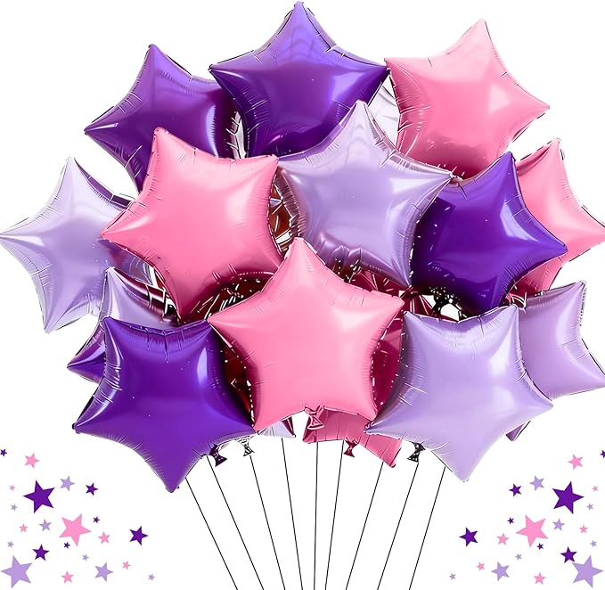 TONIFUL 15Pcs 18 Inch Large Purple Pink Star Shape Foil Balloons Big Stars Helium Mylar Ballons for Birthday Wedding Bridal Shower Anniversary Engagement Party Decorations Supplies