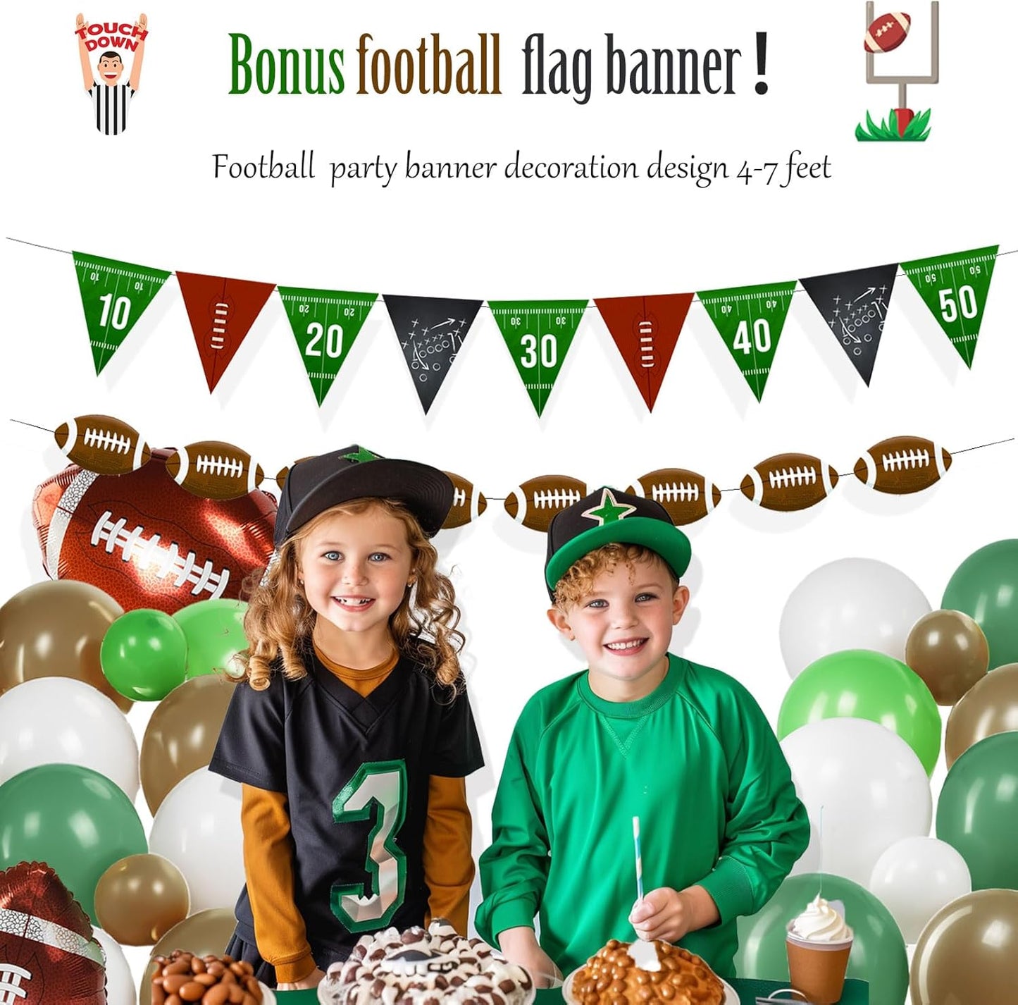Football Brown Green White Balloon garland arch Kit 110 PCS with foil balloons and banner for Boy 2nd down football baby shower birthday party 2025 super sports Touch down theme decorations