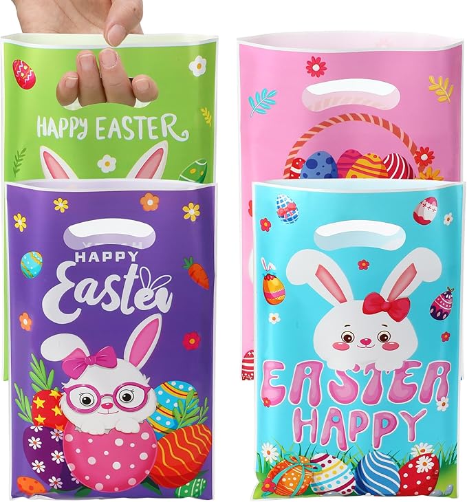 Easter Treat Bags with Handles, 50Pcs Colorful Bunny Treat Bags Bulk, Plastic Goody Candy Cookie Snack Tote Gift Bag for Happy Easter Egg Hunt Activity Spring Holidays Party Favor Supplies Decorations