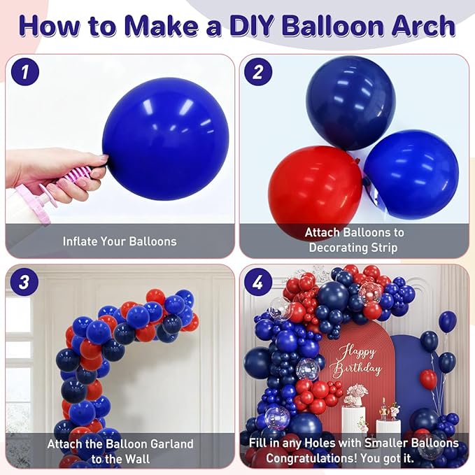 Blue and Red Balloon Garland Arch Kit, 167Pcs Latex Balloons Different Sizes 18 12 10 5 inch for Birthday Graduation Baby Shower Wedding Party Decorations