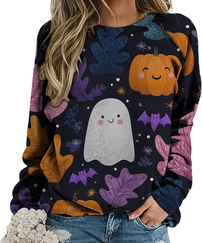 Sweatshirts for Women Graphic Print Casual Pullover Tops Long Sleeve Crewneck Halloween T Shirts