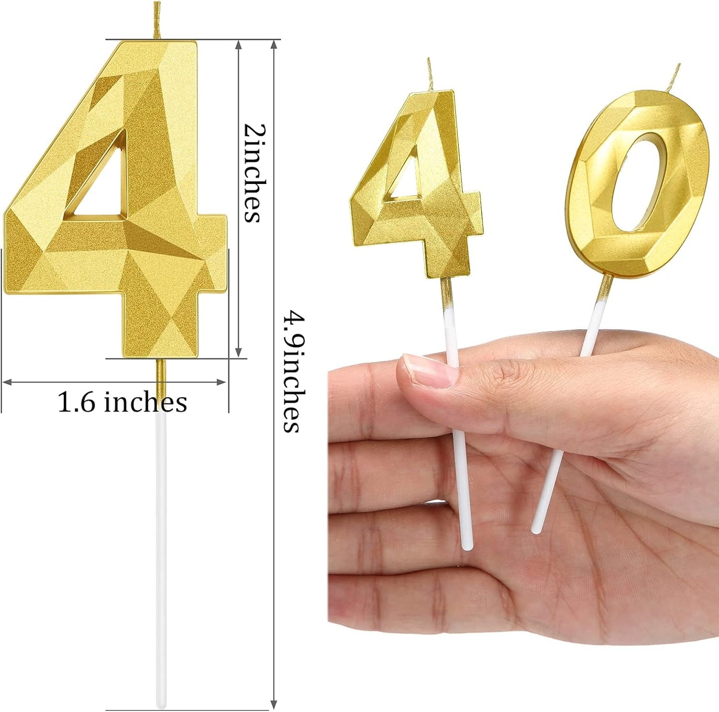 Nuanchu 40th Birthday Candles, Number 40 Happy Birthday Cake Topper 3D Diamond Shape Numeral Sparkler Candles for Men Women Party Wedding Decoration Theme Party (Gold)