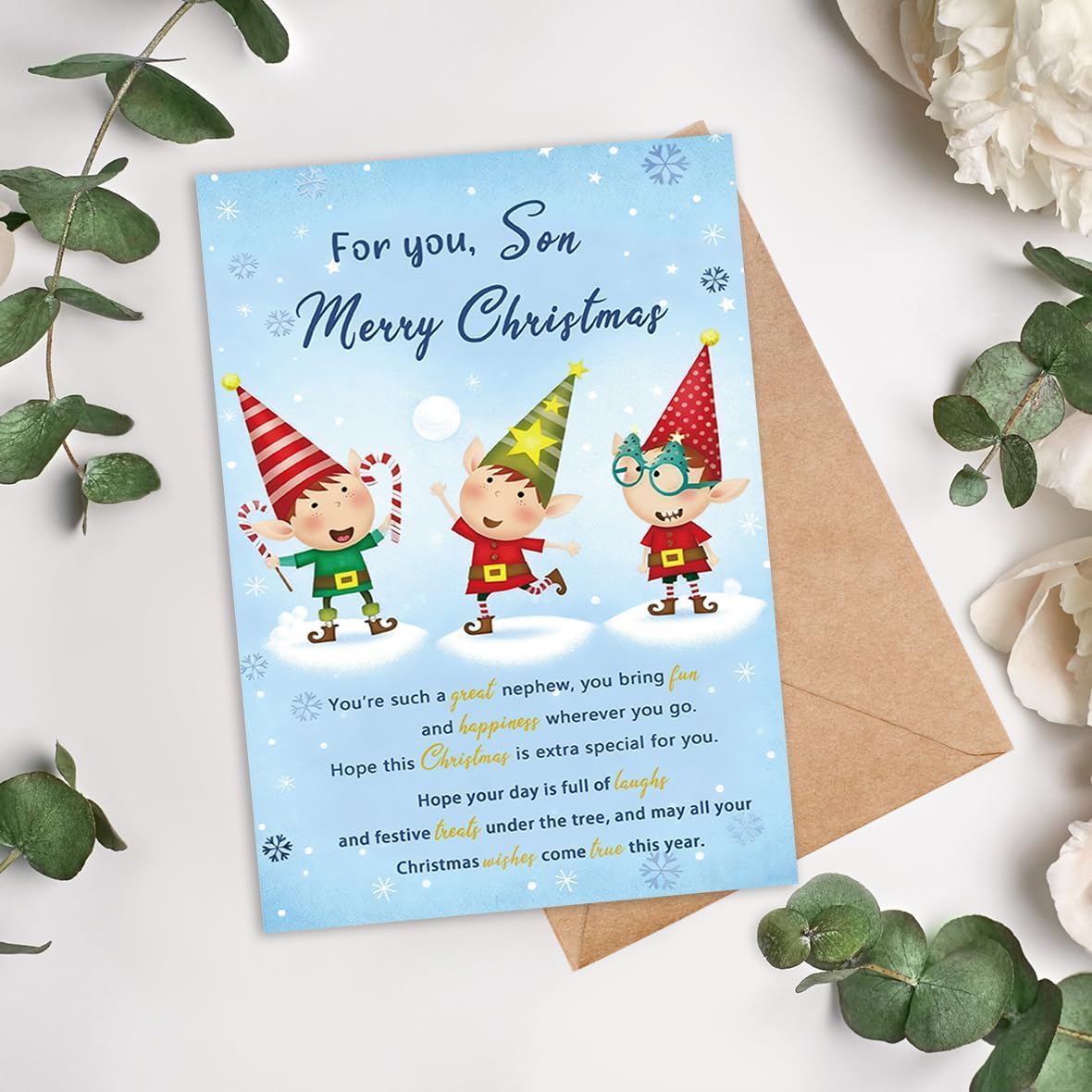 Christmas Card Gift for Son, Son Christmas Card from Mom Dad, Cute Festive Elf Design for Kids or Boys