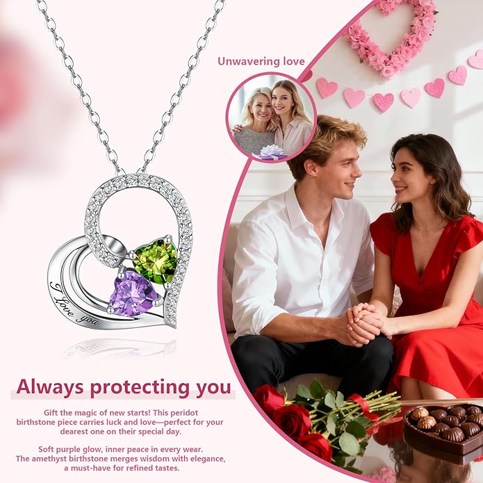Double Birthstone Heart Necklace 0.8CT Dual-Gemstone S925 Sterling Silver Plated White Gold Engraved I Love You Perfect Anniversary/Valentine's Day Gift for Wife/Girlfriend/Mom/Daughter