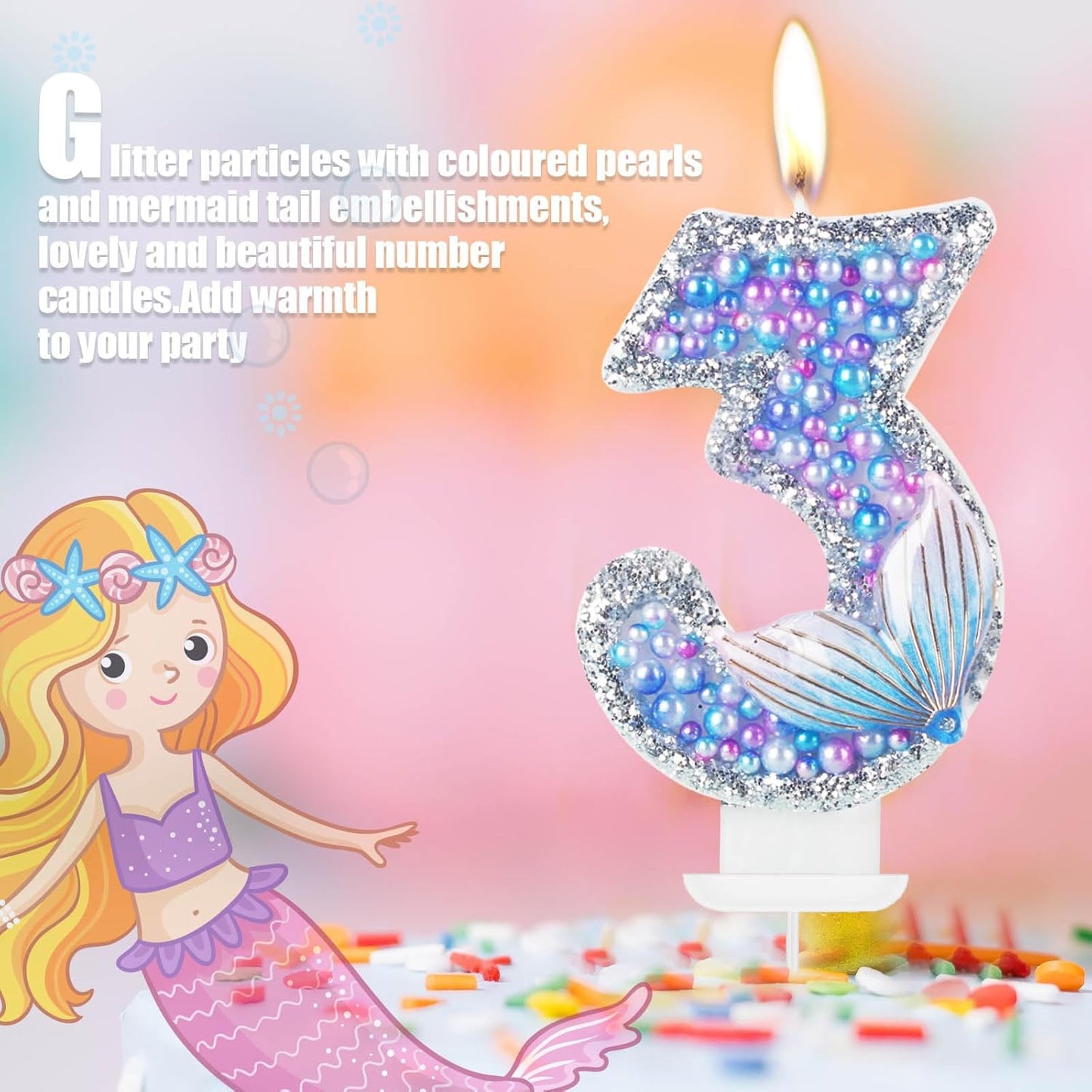 Girls Sparkler 8 Birthday Number Candles, Purple Pearls Mermaid Tail Number Birthday Candles for Girls Women Birthday Cakes Mermaid Themed Birthday Decorations Party Favors Number 8 Candle Cake Topper