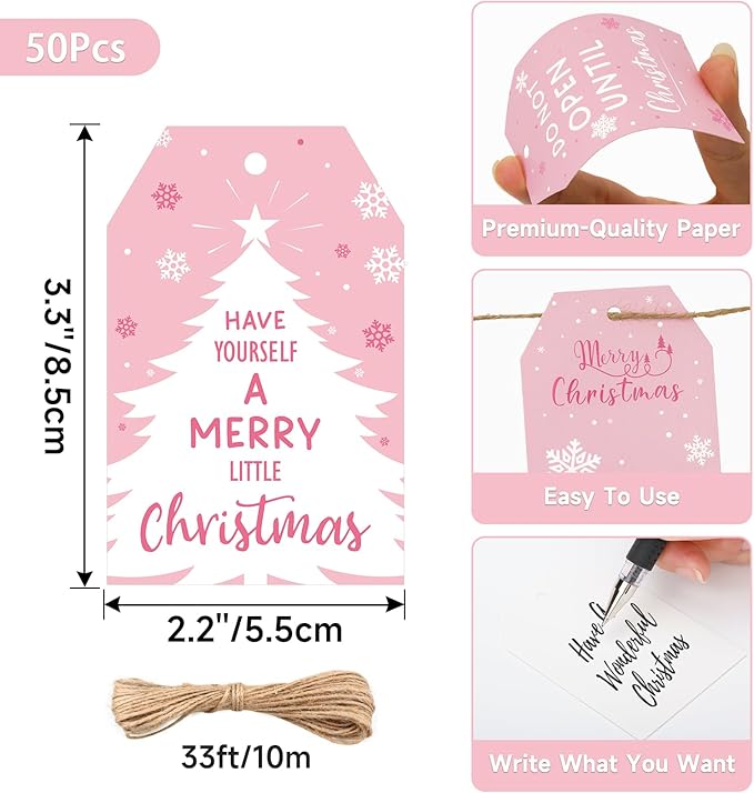 Anwyll Christmas Gift Tags with String - 50Pcs Pink Merry Christmas Name Tags for Gift Xmas to from Tag Have A Merry Little Christmas Tree Label Tag for Present Wrap Goodie Bags Holiday Party Favors