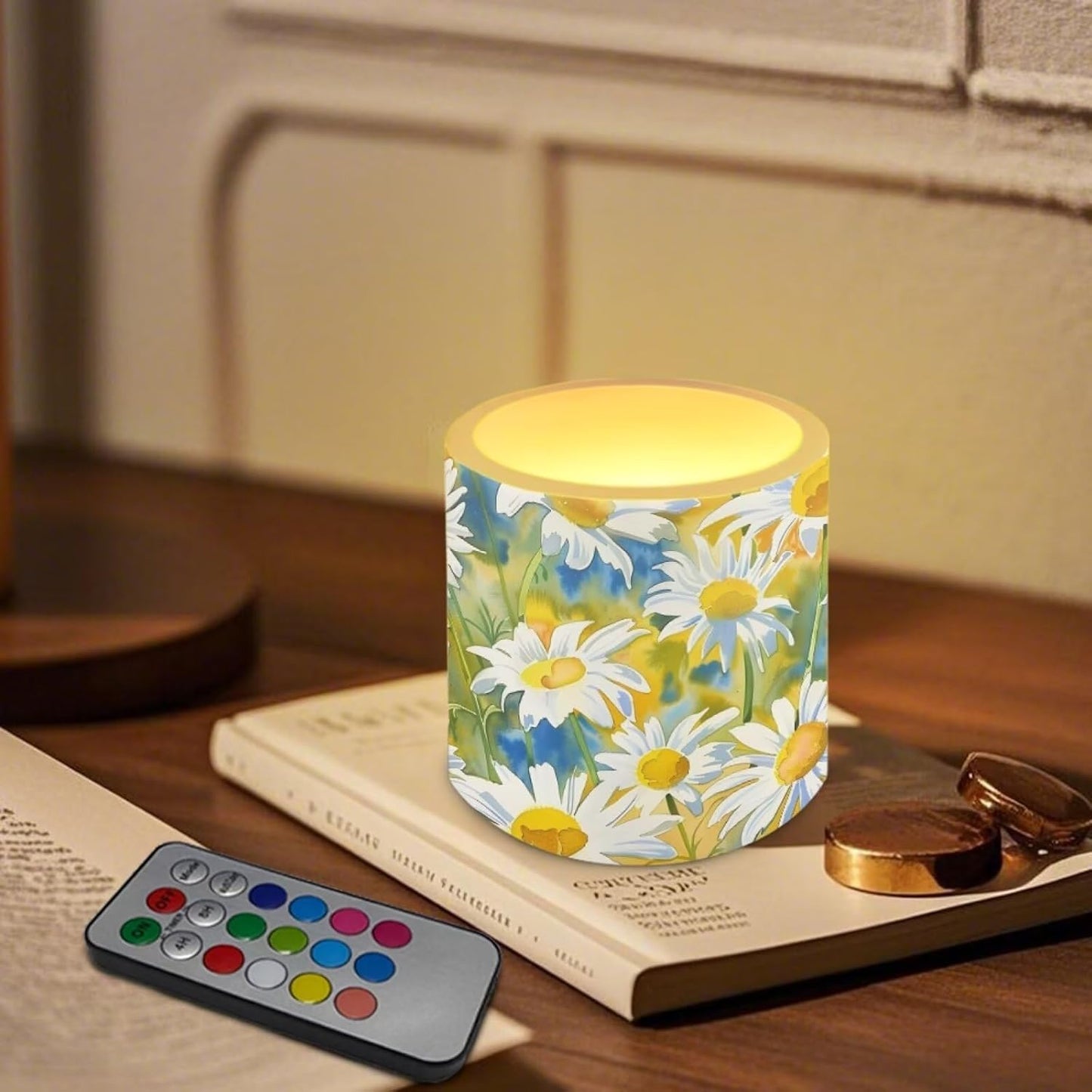 Poceacles Remote Control LED Flameless Candles Set of 4, Decorative Flickering Battery-Powered Candles with Remote Control for Restaurant Cafe Party Decor, Daisy Green Yellow Blue