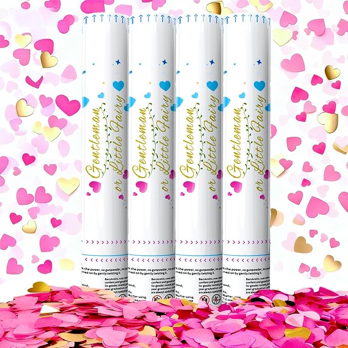 Gender Reveal Confetti Cannon,4 Pink Paper Connon Safty Party Poppers Shoots 20-25ft,12 inch Upgrade Firmware Baby Shower Gender Maternity Shoots Reveal Party Supplie