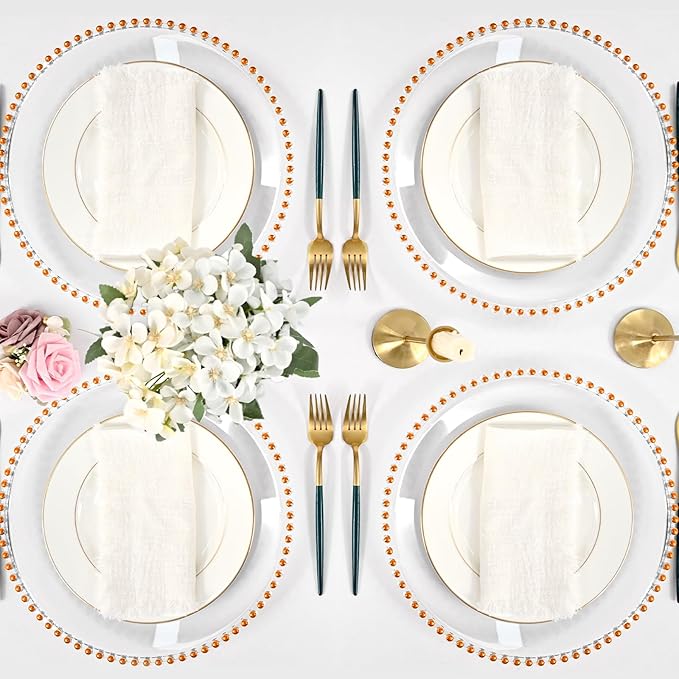 24 PCS Clear Round Charger Plates with Beaded Rim, 13 Inch Plastic Acrylic Plate, Plastic Round Beaded Dinner Decorative Service Plates for Wedding Party Event, Home Kitchen Tabletop(Orange)