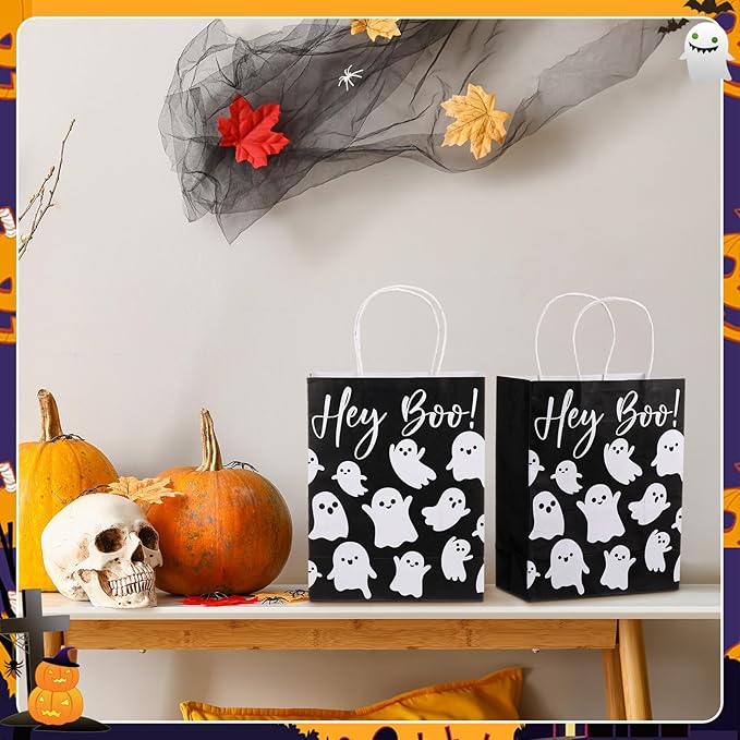 24 Pcs Halloween Hey Boo Ghost Paper Gift Bags with Handles Medium White Ghost Party Favor Bags for Halloween Home Table Party Supplies