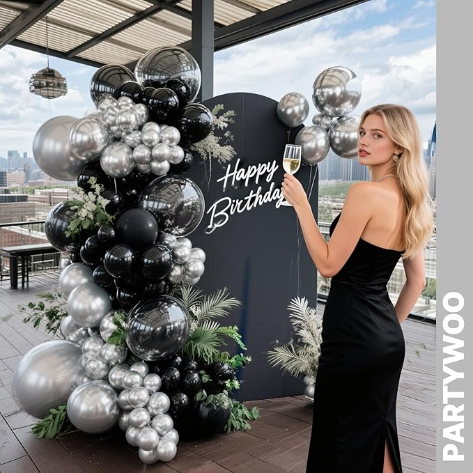 PartyWoo Black and Silver Balloons 65pcs 12 Inch Matte Black Metallic Chrome Silver Confetti Balloons for Graduation Baby Shower Men Birthday Wedding Anniversary New Year's Eve Party Decorations