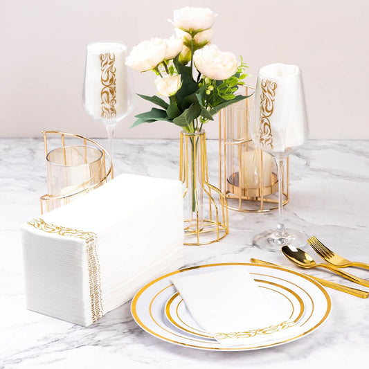 Goodluck 200-Pack Linen-Feel Disposable Guest Towels – Soft and Absorbent Paper Hand Towels for Bathroom or Kitchen – Elegant White Napkins with Gold Design for Parties, Weddings, Dinners Events
