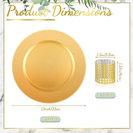 Tanlade 100 Pcs Charger Plates Set Bulk Include 50 Plastic Plate Chargers and 50 Napkin Rings 13" Round for Dinner Table Setting Wedding Baby Shower Decoration(Gold)