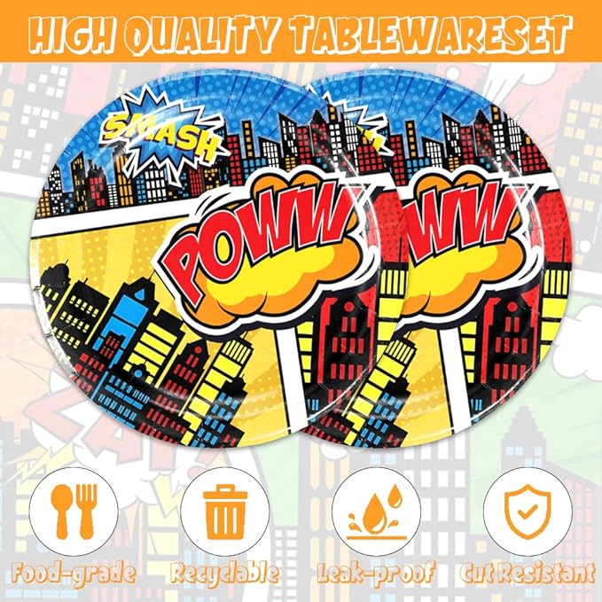 40pcs Super Theme Hero Party Decorations Hero Action Sign Plates Napkins for Comic Heroes Birthday Decorations Hero's Action Sign Cityscape Buildings Tableware Set,Suitable for 20 Guests