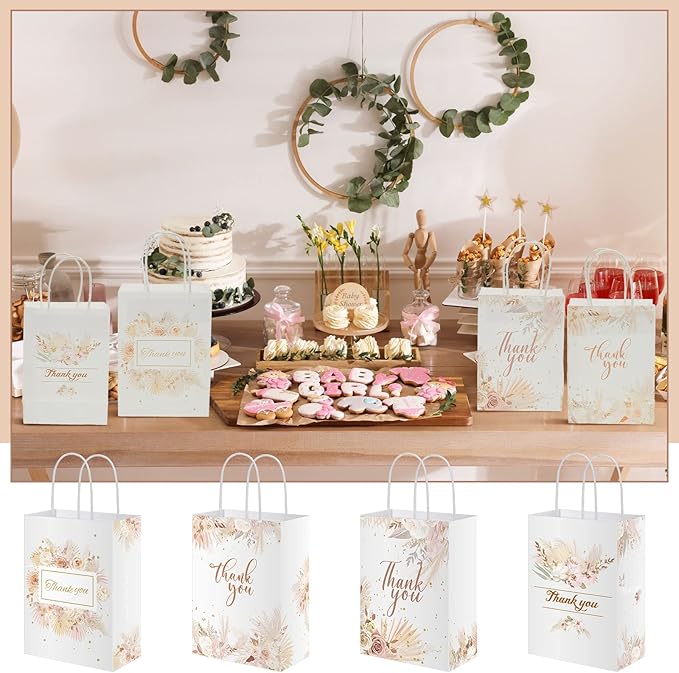 16 Pieces Thank You Gift Bags Floral Design 6 x 3 x 8 inches Flower Small Paper Bags with Handles Boho Favor Bags for Business Shopping Boutique Clothing Birthday Wedding Graduation Favors