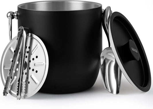 Insulated Ice Bucket, 3L Double Wall Stainless Steel Ice Bucket with Tongs,Lid, Scoop and Strainer, Ice Buckets for Parties,Cocktail Bars, Chilling Beer, Champagne, Wine Bottles