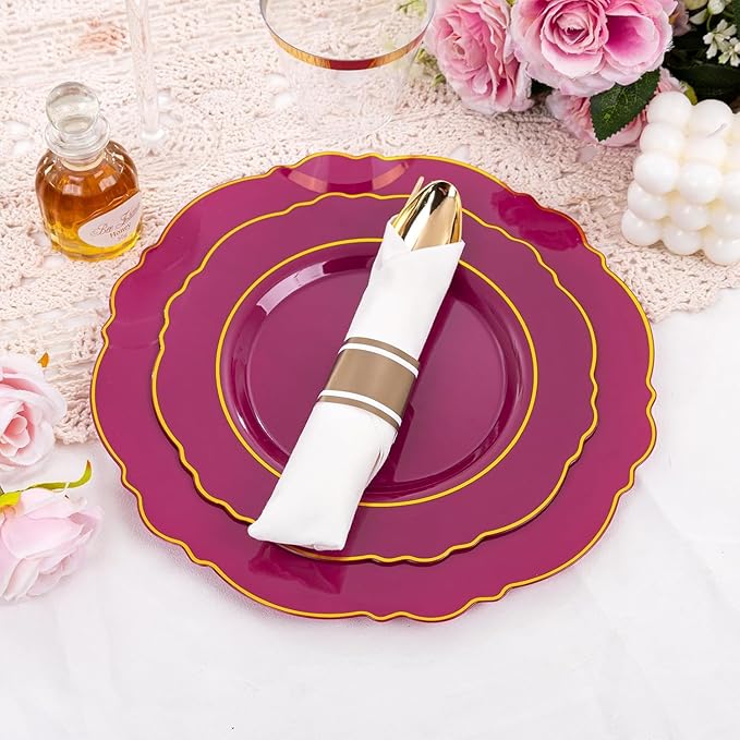 Liacere 175PCS Red Plastic Plates - Disposable Burgundy Red and Gold - 25guest Baroque Plastic Dinnerware include 50Plates, 25Pack Pre Rolled Napkins with Silverware 25Cups for Party