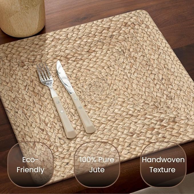 Handcrafted Jute Braided Placemats Set of 4 - 100% Jute Handwoven Rustic Vintage Farmhouse Placemats 14x14 Inch Square, Durable Non-Slip for Dining, Kitchen, Coffee Table Décor Table Mats