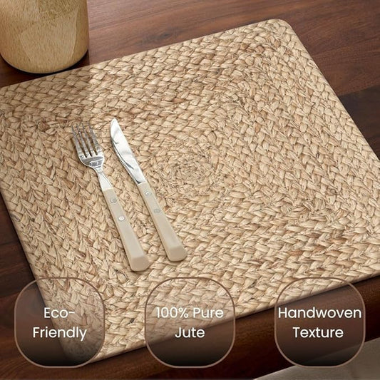 Handcrafted Jute Braided Placemats Set of 4 - 100% Jute Handwoven Rustic Vintage Farmhouse Placemats 14x14 Inch Square, Durable Non-Slip for Dining, Kitchen, Coffee Table Décor Table Mats