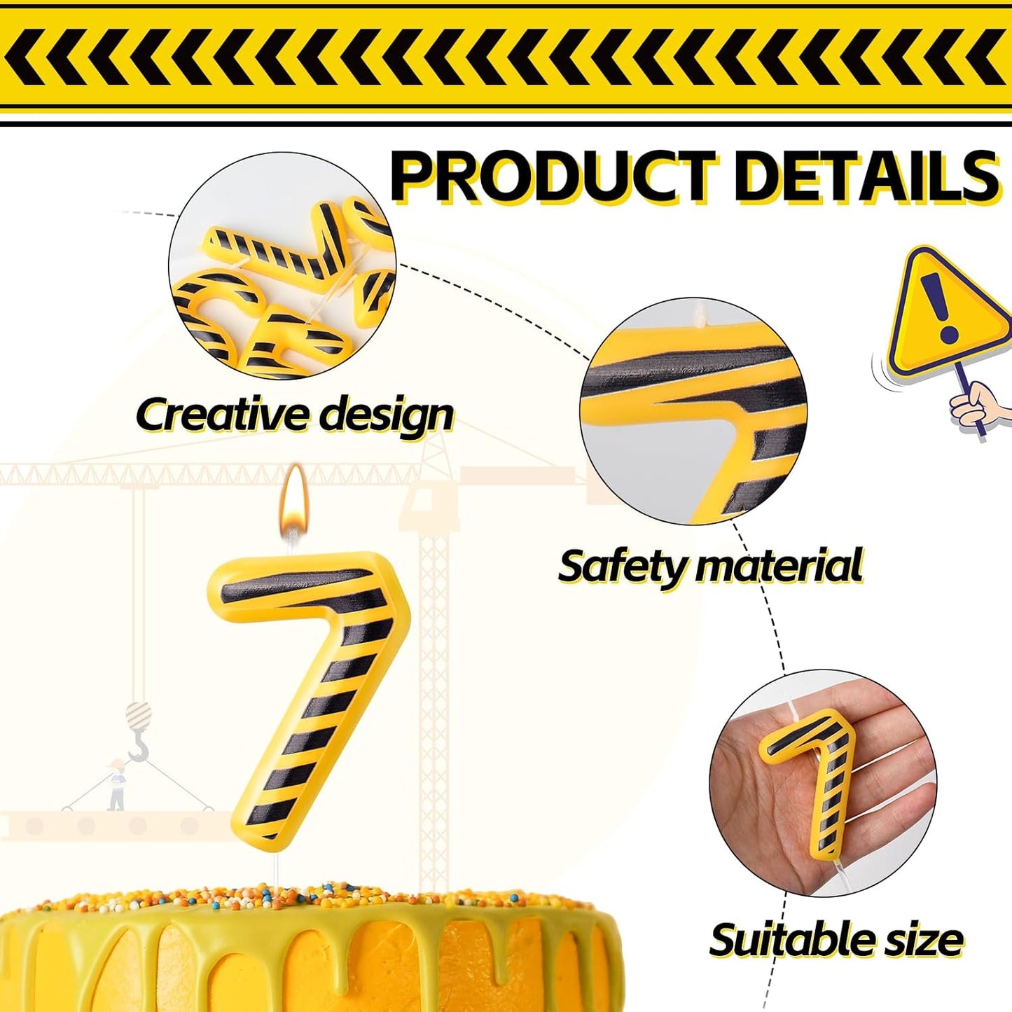 Construction Themed Birthday Candles Number 7 Candle Birthday Party Decoration Cake Topper for Construction Party Decoration Theme Party Supplies (Number 7)